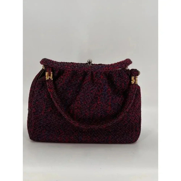 Vintage 50's Wool Red/Blue Tweed Handbag Double Handle Snap Clasp 8" X 12" x 4" - Picture 2 of 13